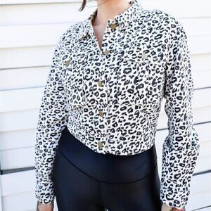 White & Black Cotton Leopard Print Cropped Denim J